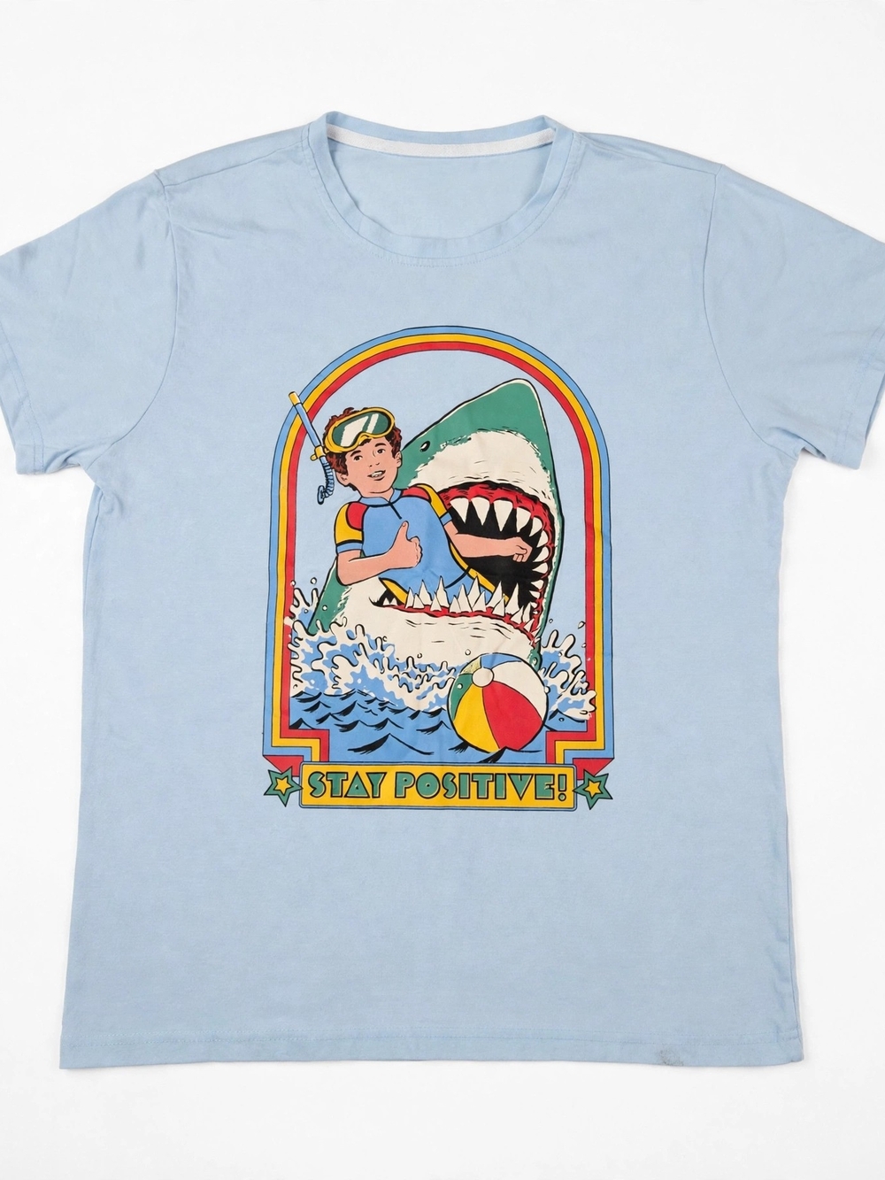ROMWE Light Blue 'Stay Positive' Shark Graphic Short Sleeve Tee